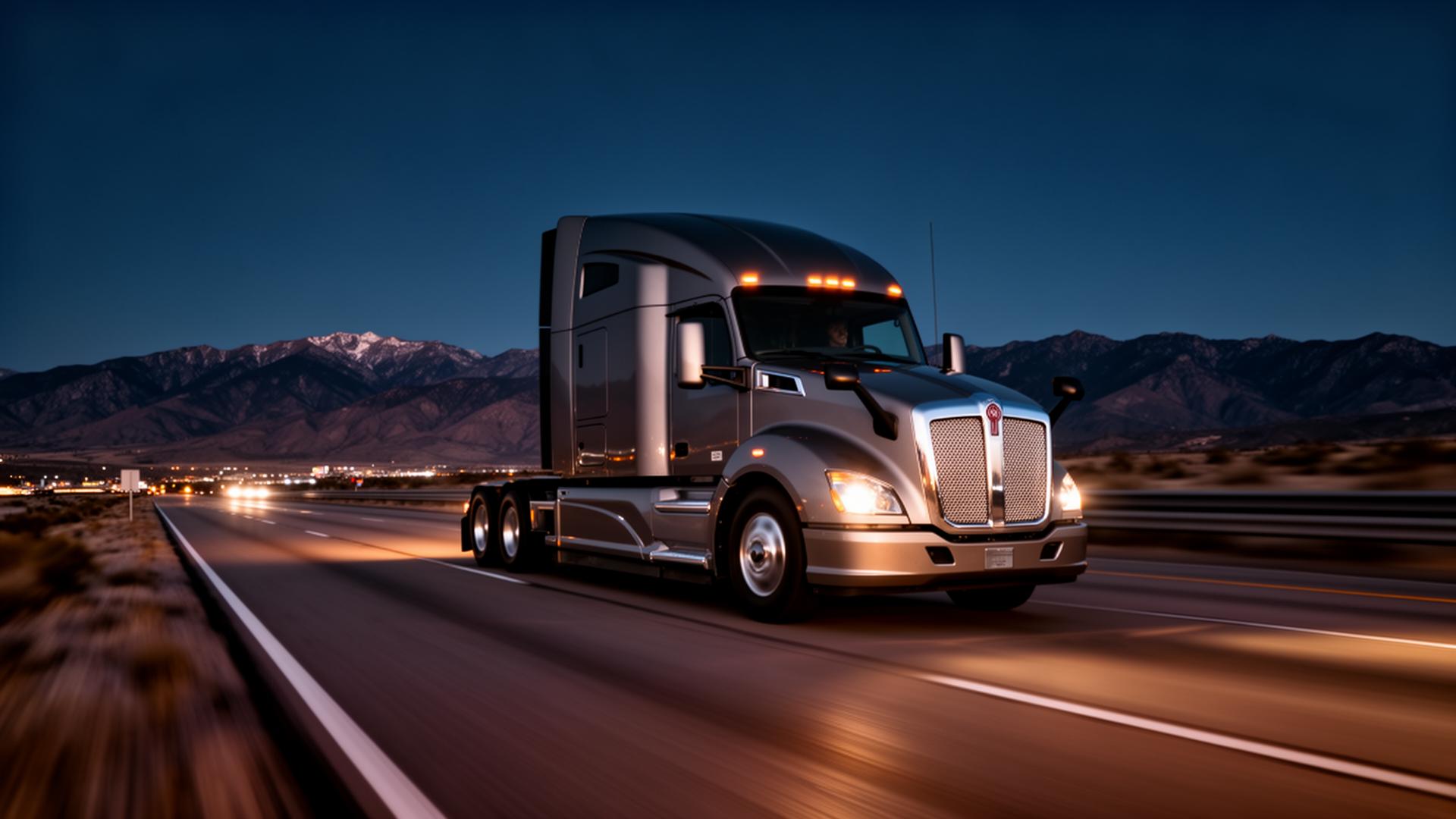 Modern semi-truck on highway at dusk